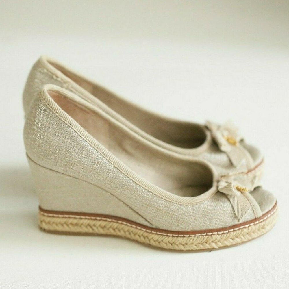 Tory Burch beige Canvas Silver Thread Wedges